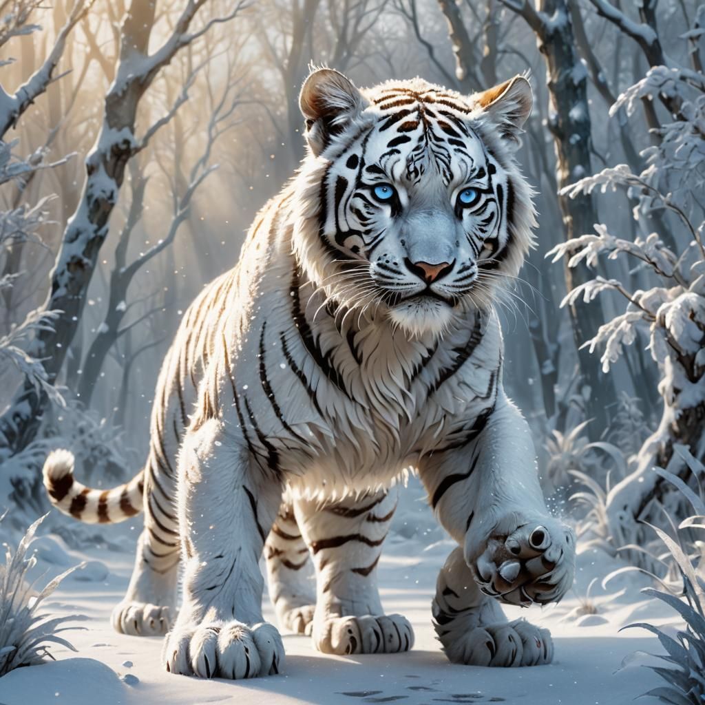 Fantasy White Tiger Cub in Snowy Scene