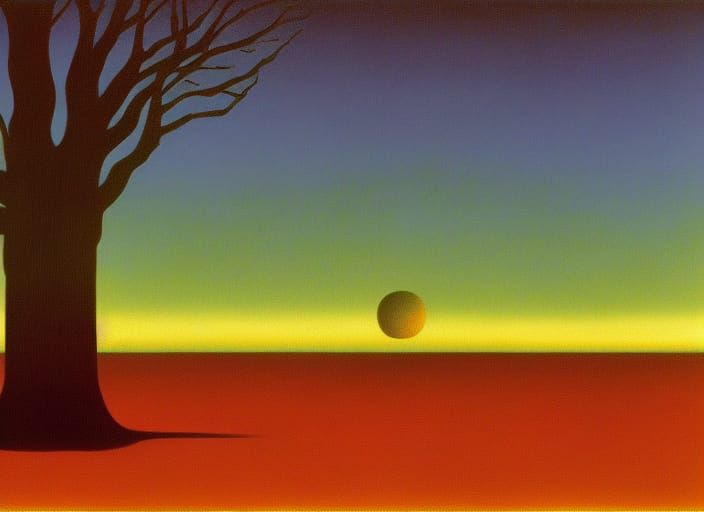 Surreal Sunrise Swamp Landscape in Magritte Style
