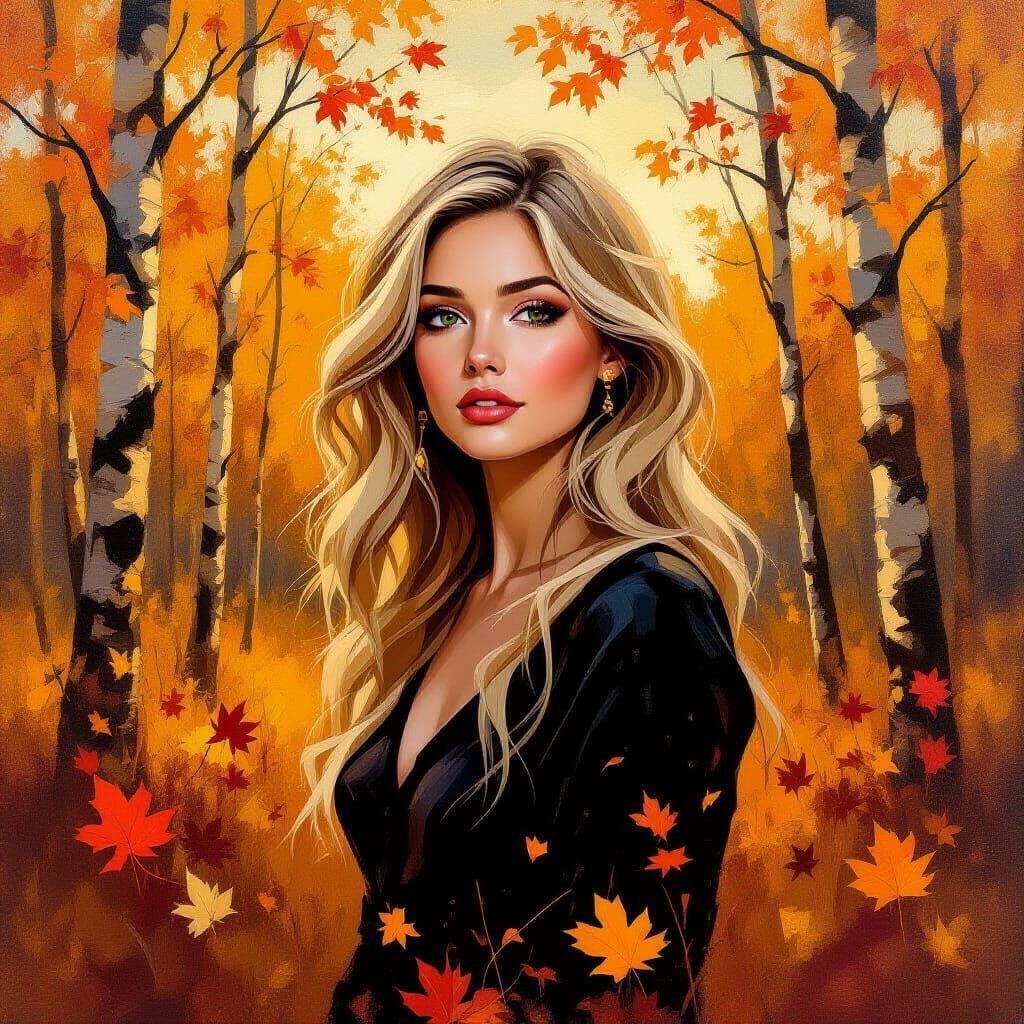 Golden Woman in Autumnal Forest: Oil Painting