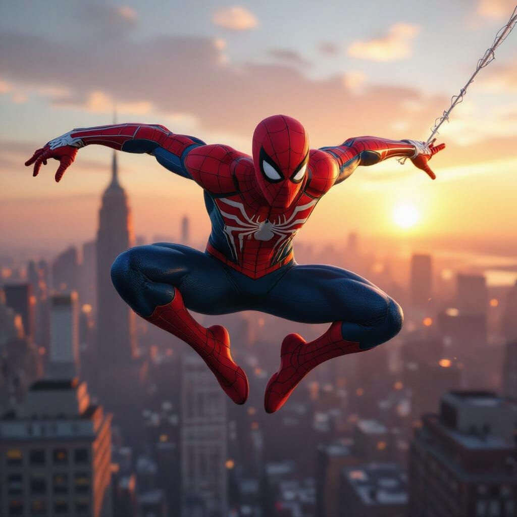 Spider-Man Leaping Between City Buildings at Sunset