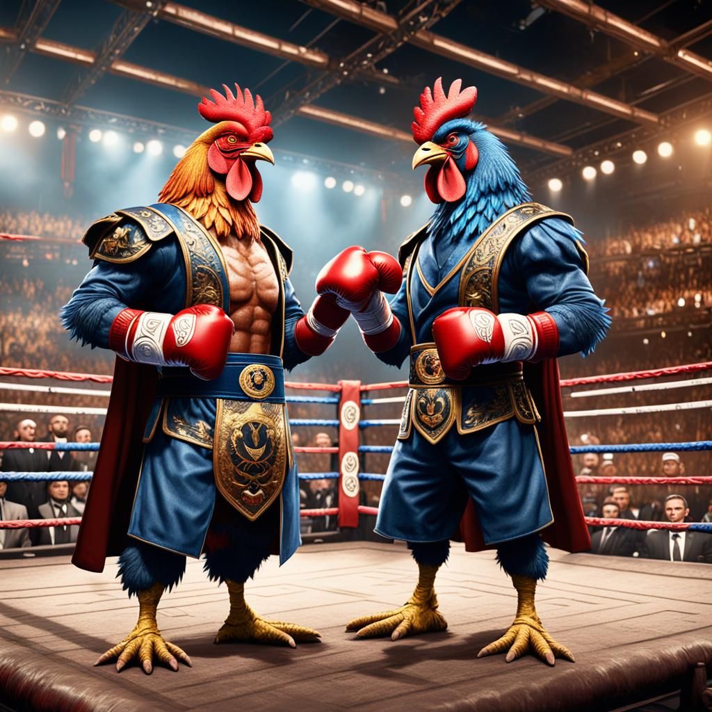 Rooster Boxers in Boxing Ring: Detailed Digital Art