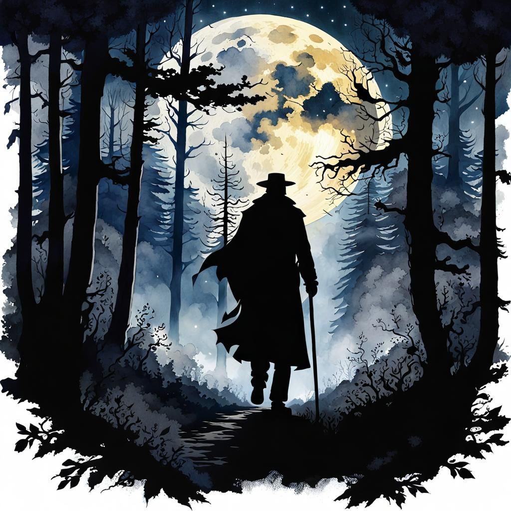 Moonlit Traveler in Dark Forest: Watercolor and Ink