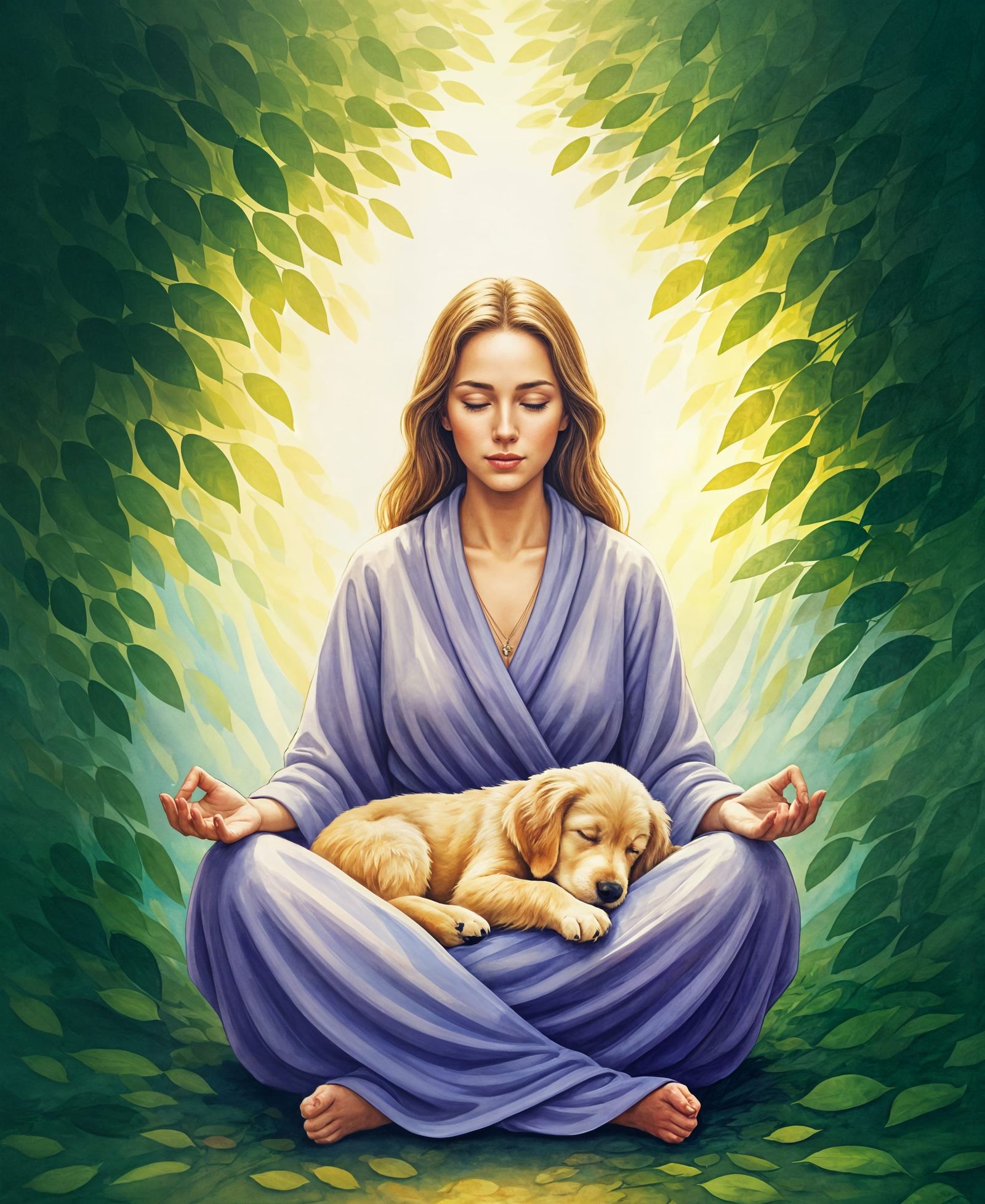 Meditating Woman and Puppy in Sun-Dappled Grove