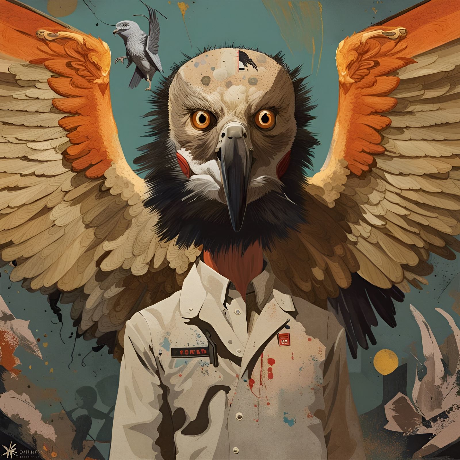 Winged Cockatrice Gaze in Multimedia Collage Style