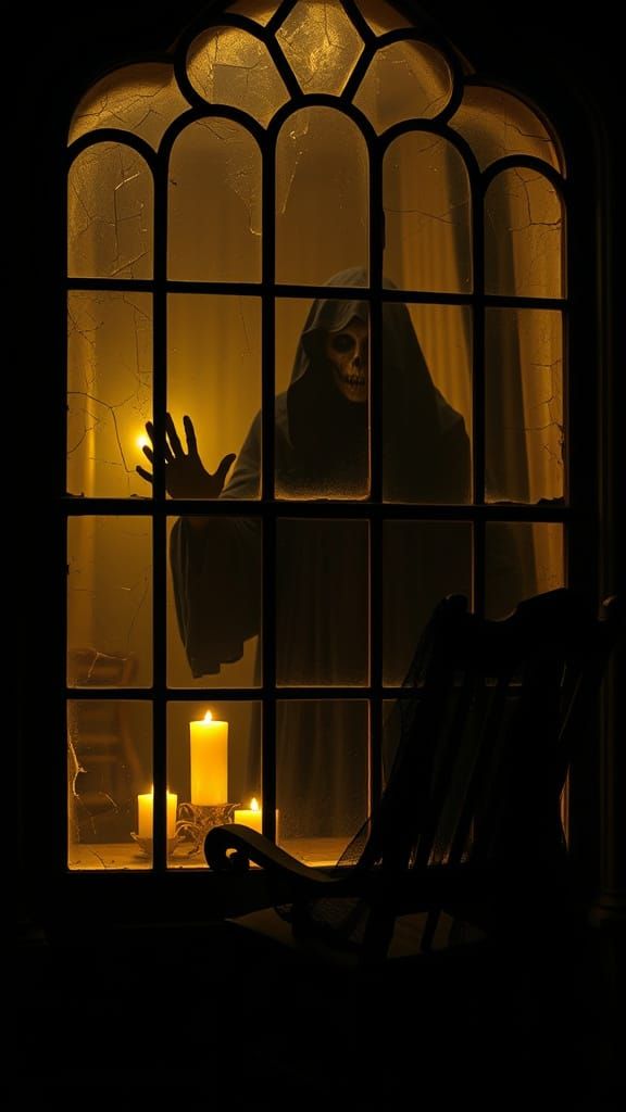 Ethereal Victorian Window at Night, with Ghostly Figure and ...