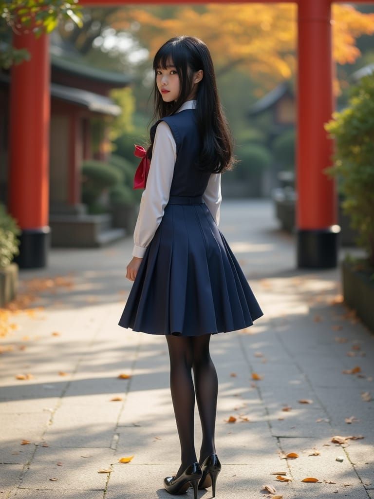 Shrine Maiden in Autumn Leaves: Realistic Photo