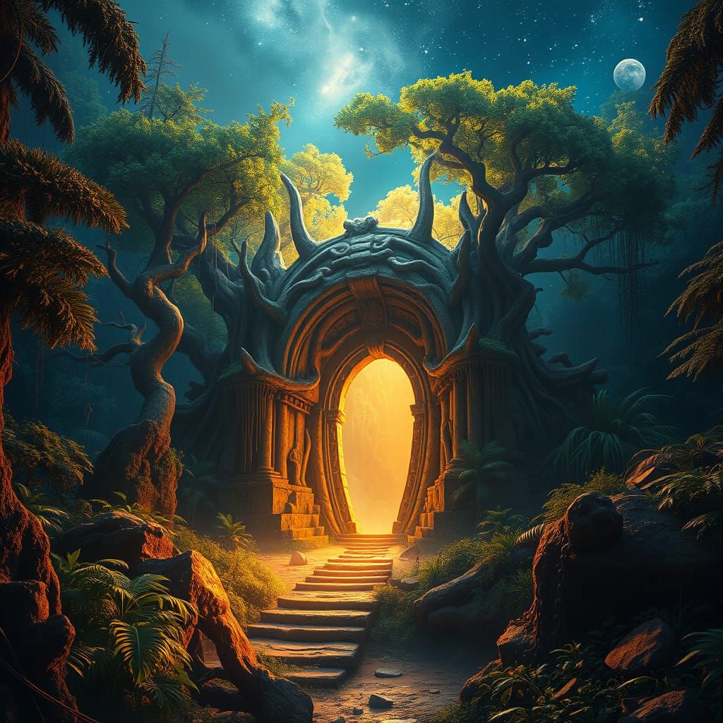 Surreal Jungle Portal Under Golden Starlight