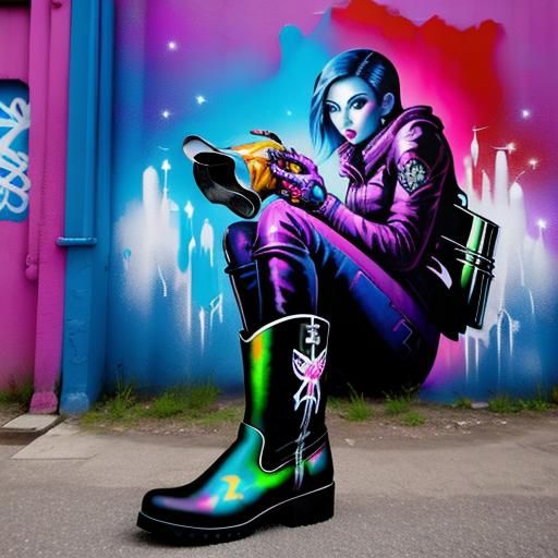 Beautiful Woman Inside a Boot in Graffiti Style