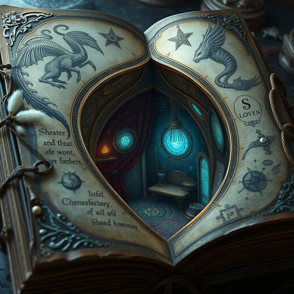 Fantasy Nook Within Ancient Leather-Bound Tome