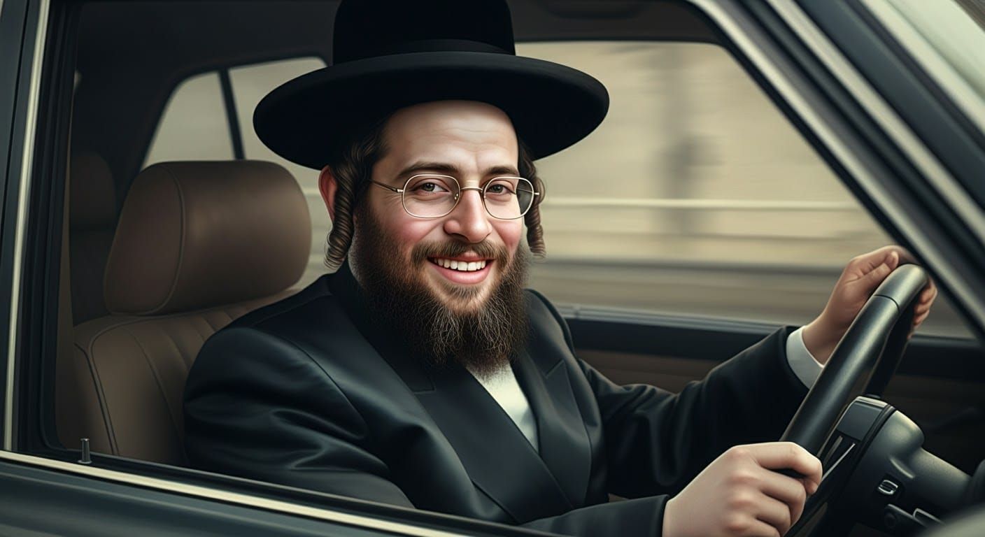 1980s Realistic Portrait of a Cheerful Hasidic Man Driving