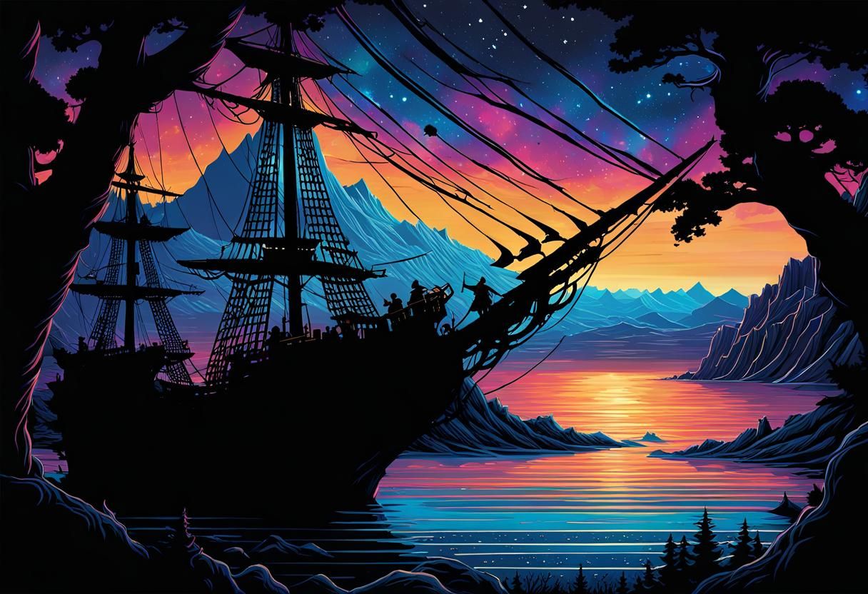 Pirate Ship in Cosmic Comic Book Style
