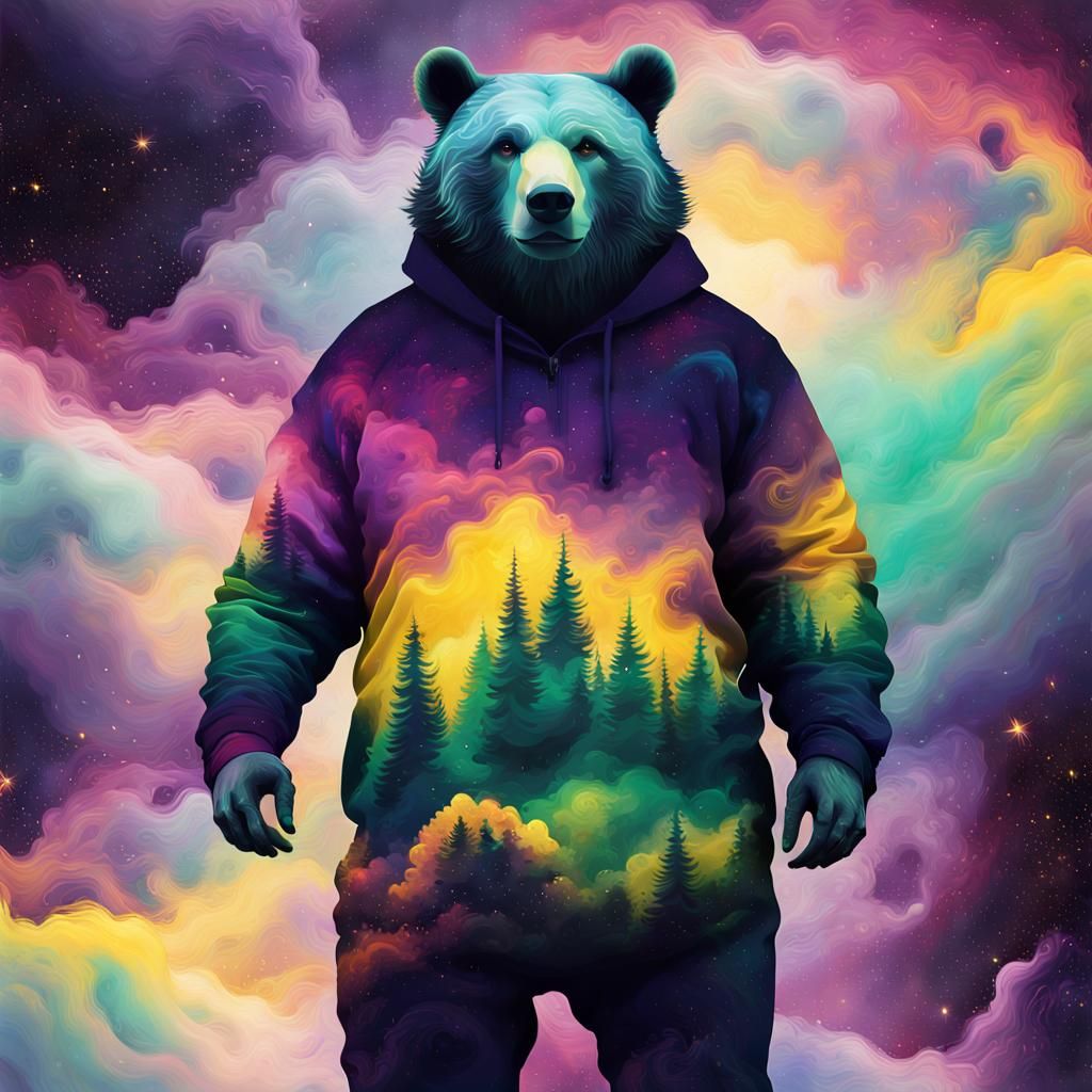 Obese Bear Performing Cosmic Dance in Abstract Expressionism