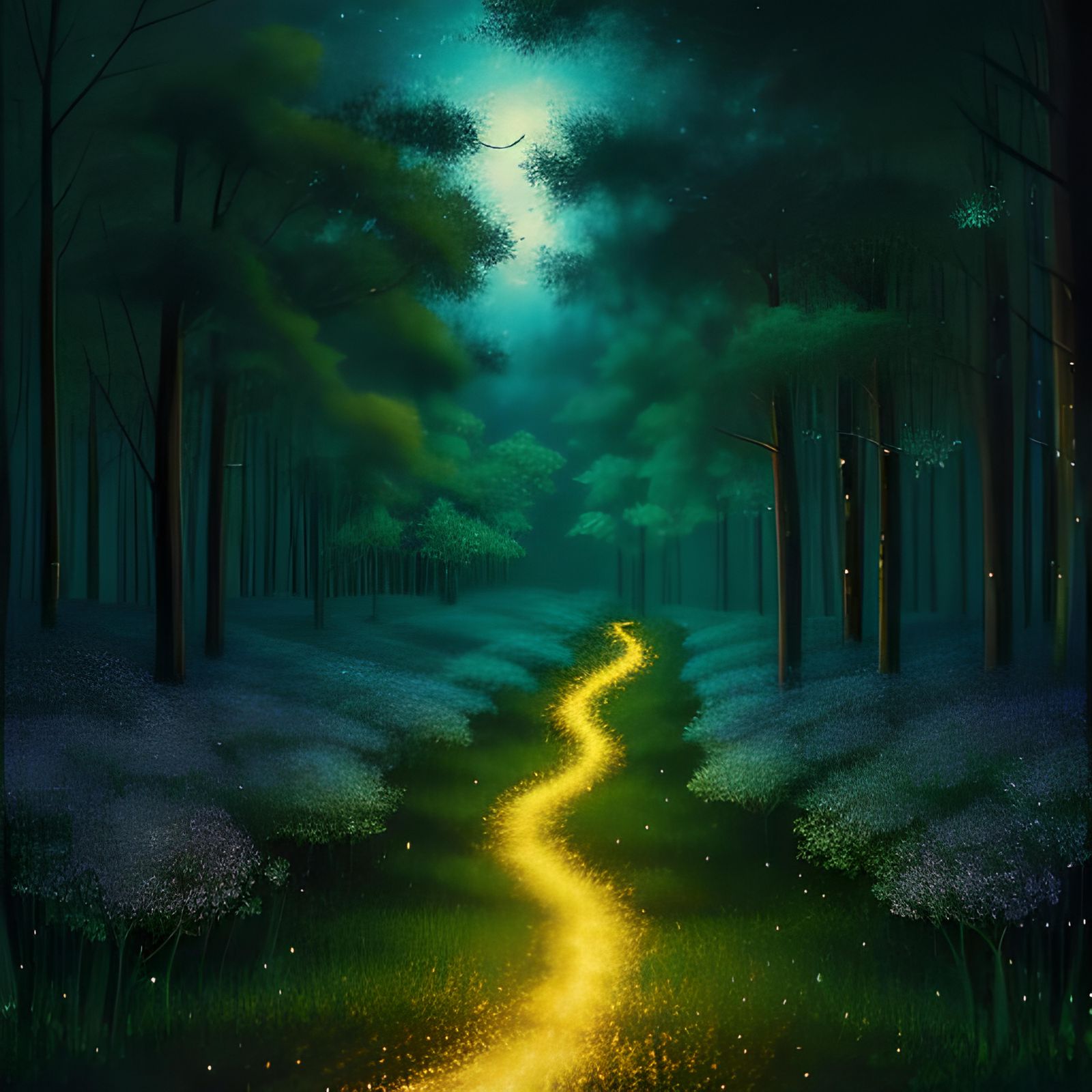 Enchanted Forest of Fireflies at Night