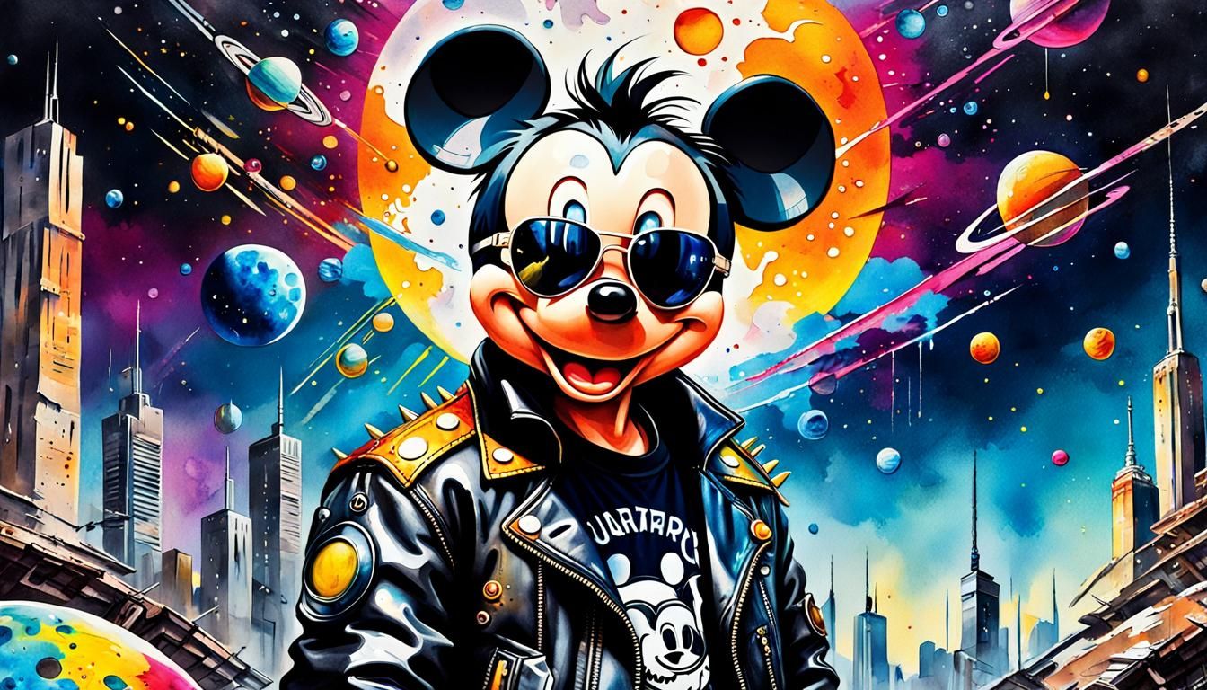 Cyberpunk Mickey Mouse in Dystopian City