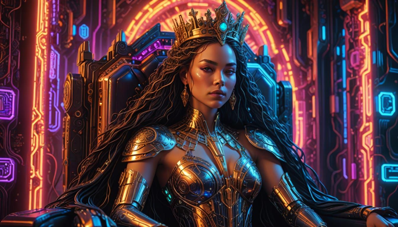 Cyborg Empress in Neon Throne Room