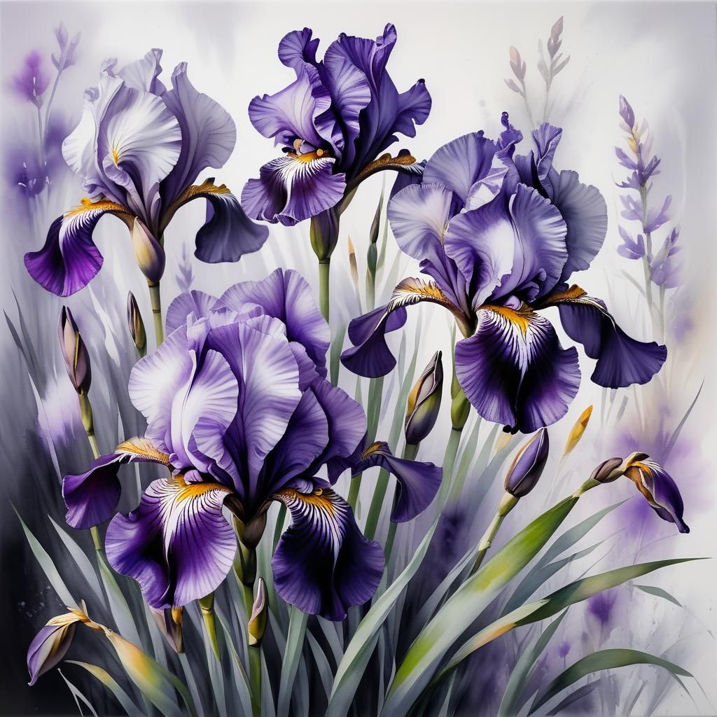 Irises in the fog, watercolor