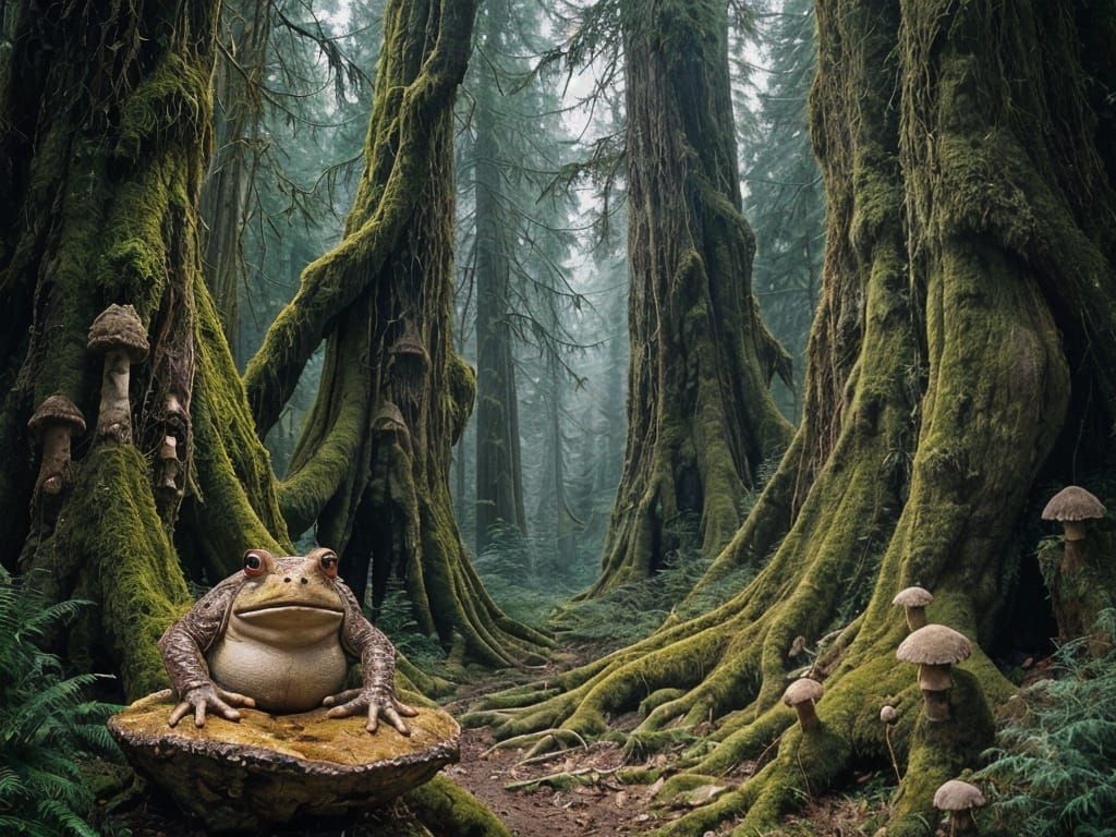 Mossy Spruce Forest with Ancient Toad