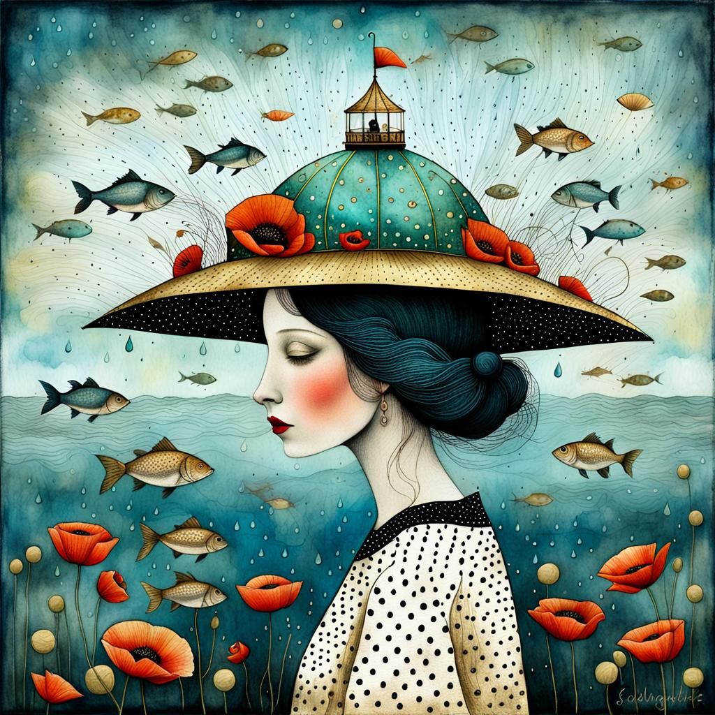Whimsical Ocean Lady with Poppies in Watercolor