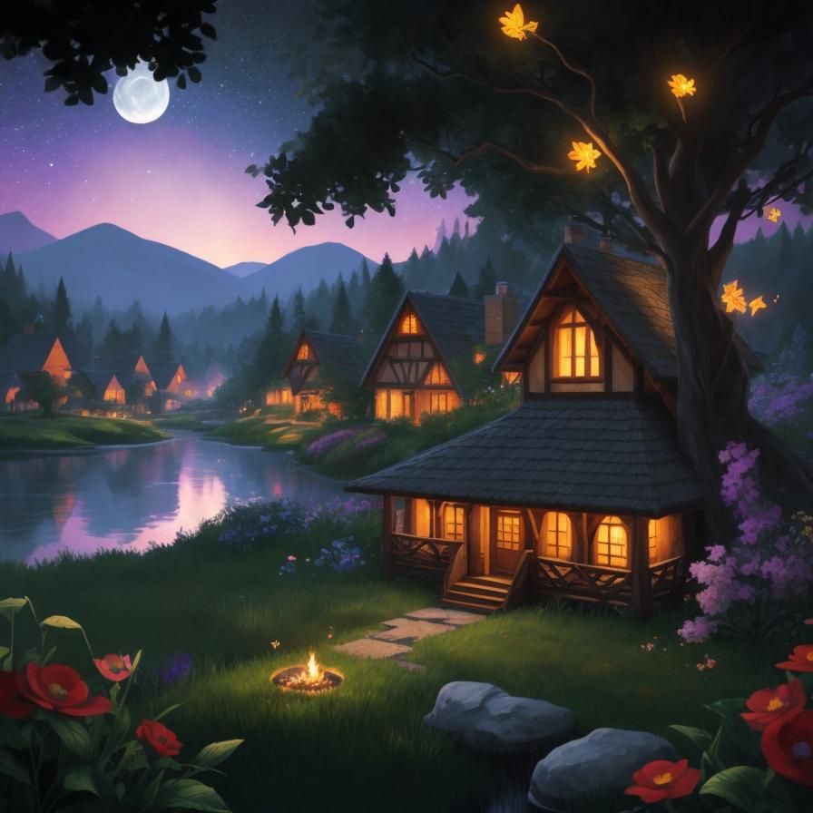 Whimsical Fayry Village Under Starry Night Skies