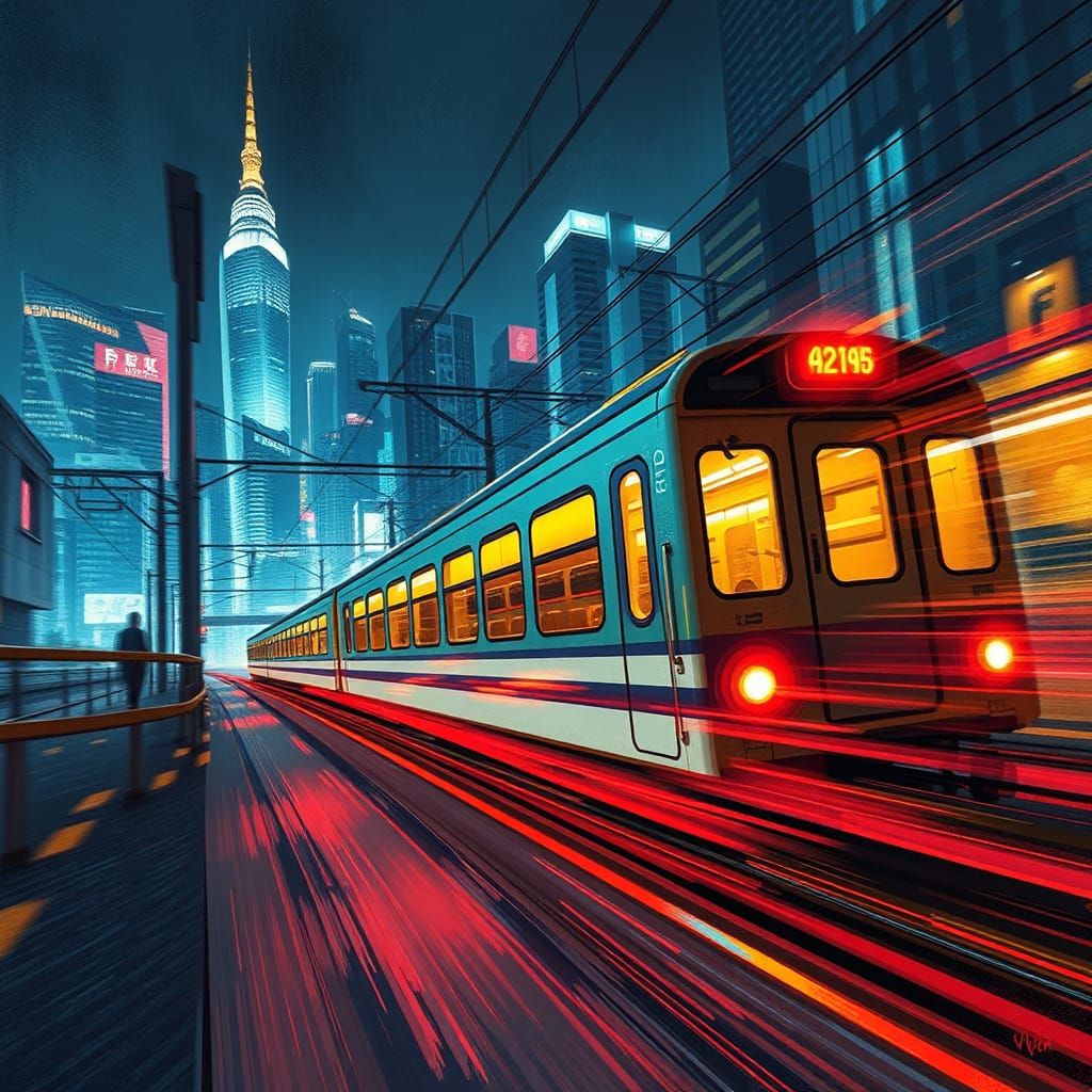 Neon Train Speeding Through Cyberpunk Cityscape