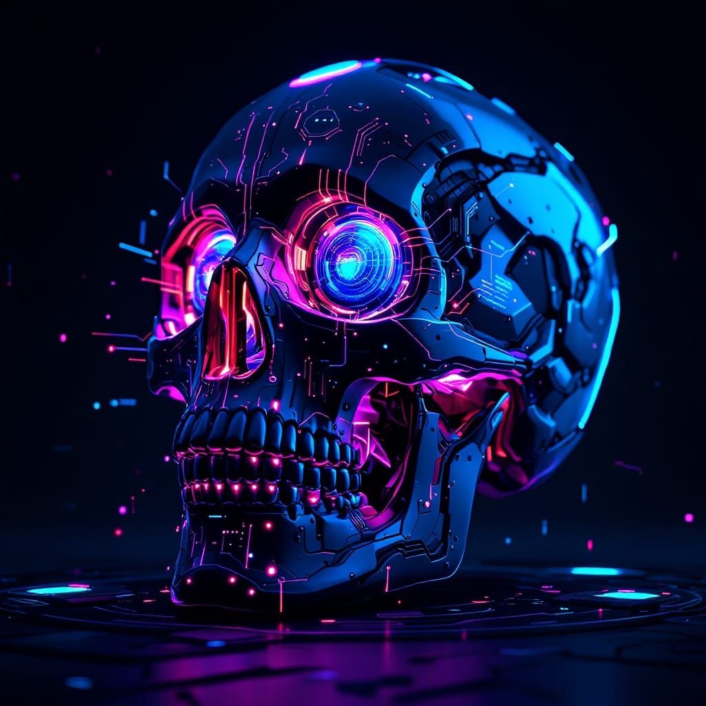 Glowing Biomechanical Skull in Cyberpunk Dark