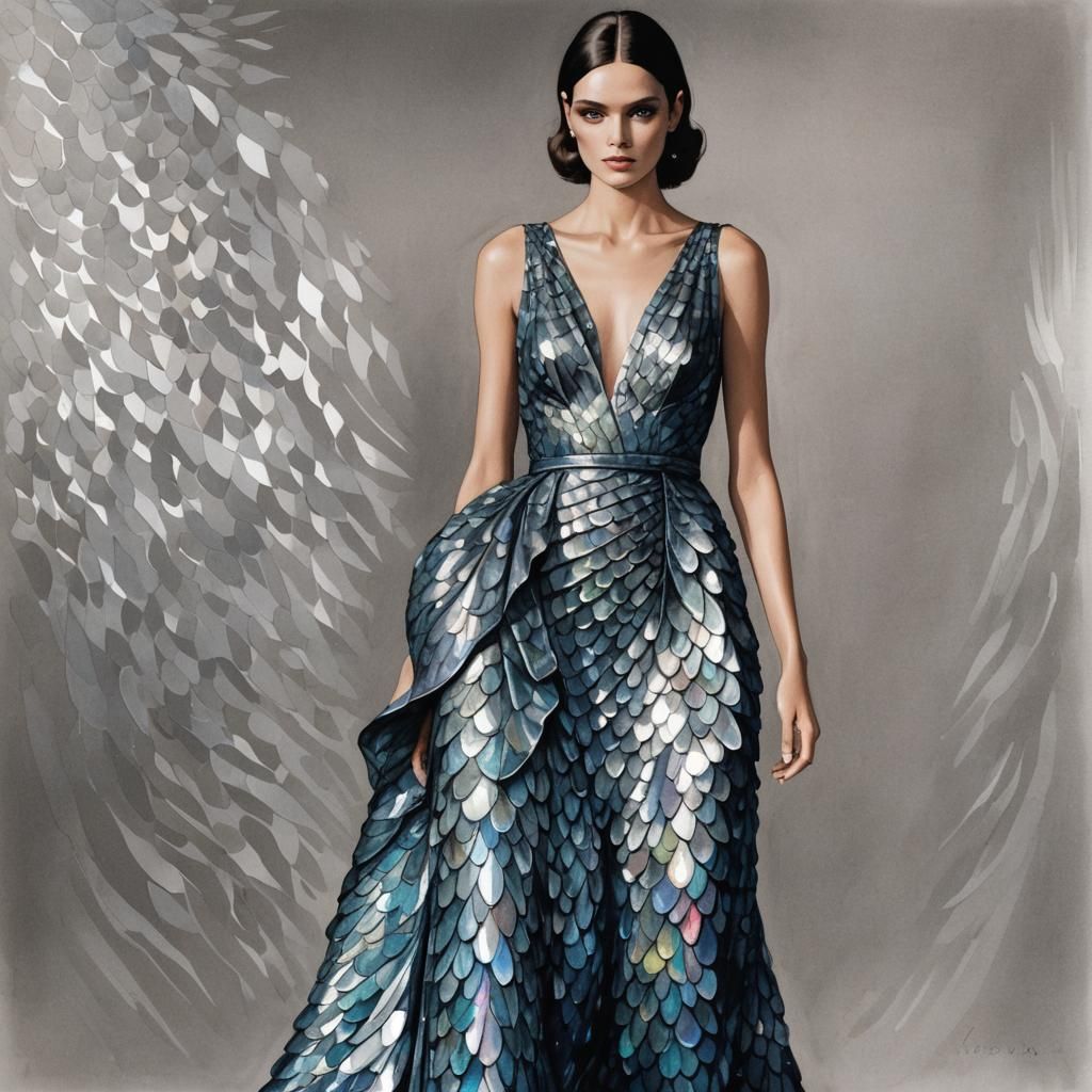 Art by Givenchy, chic evening gown made of shimmering fish s...