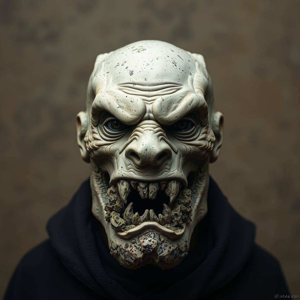 Moss-Covered Stone Figure with Weathered Teeth