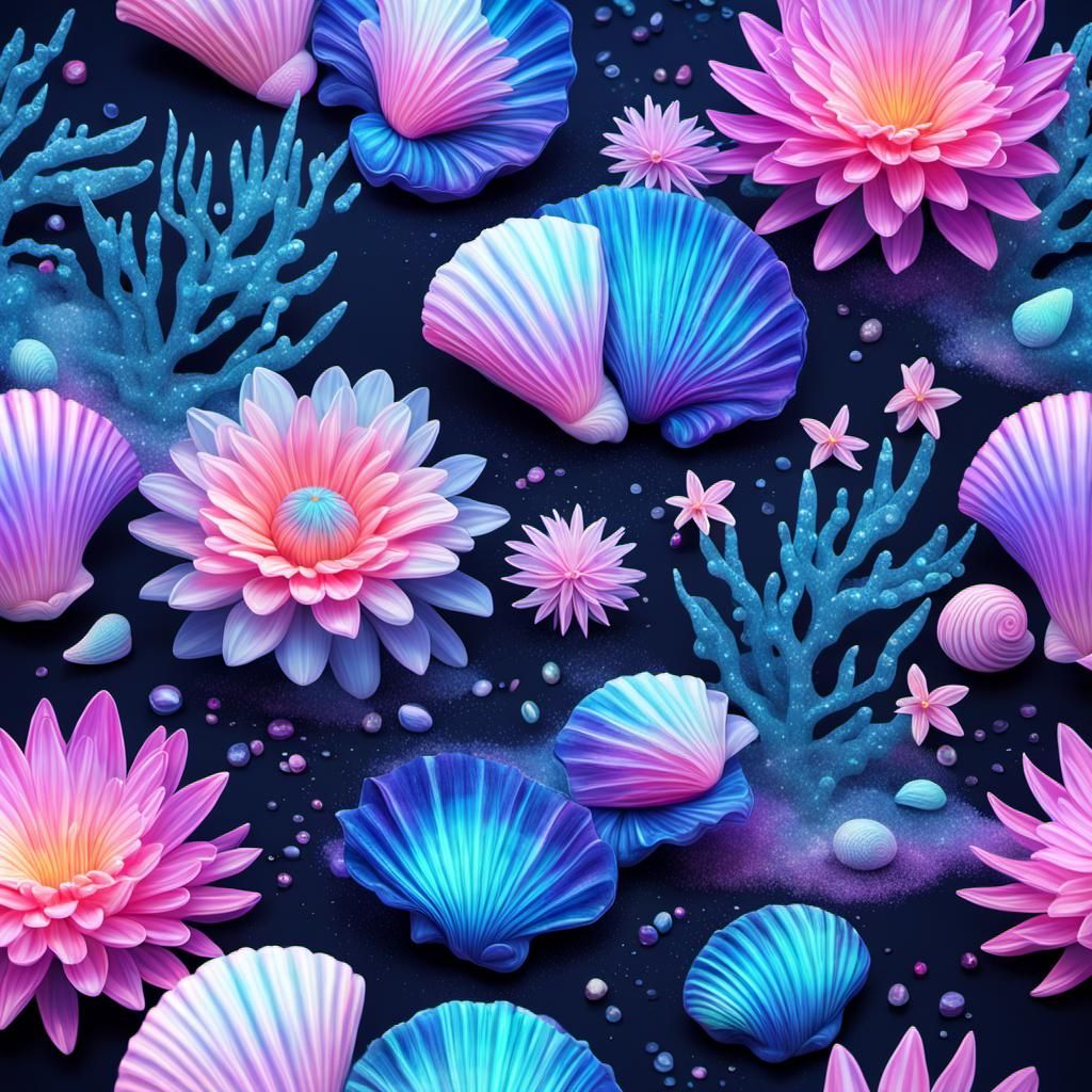 Retrowave Flowers and Shells in 4D Digital Art