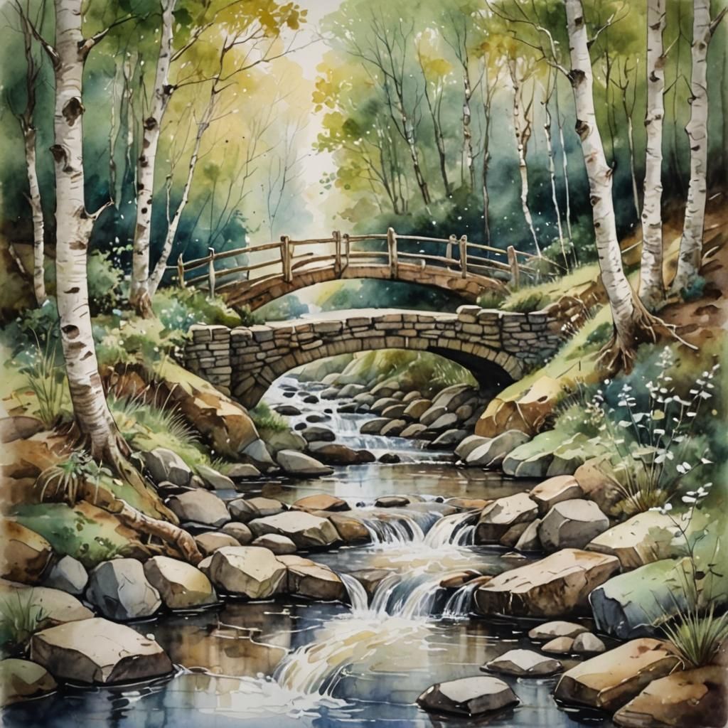 Victorian Watercolor of Stream in Birch Wood