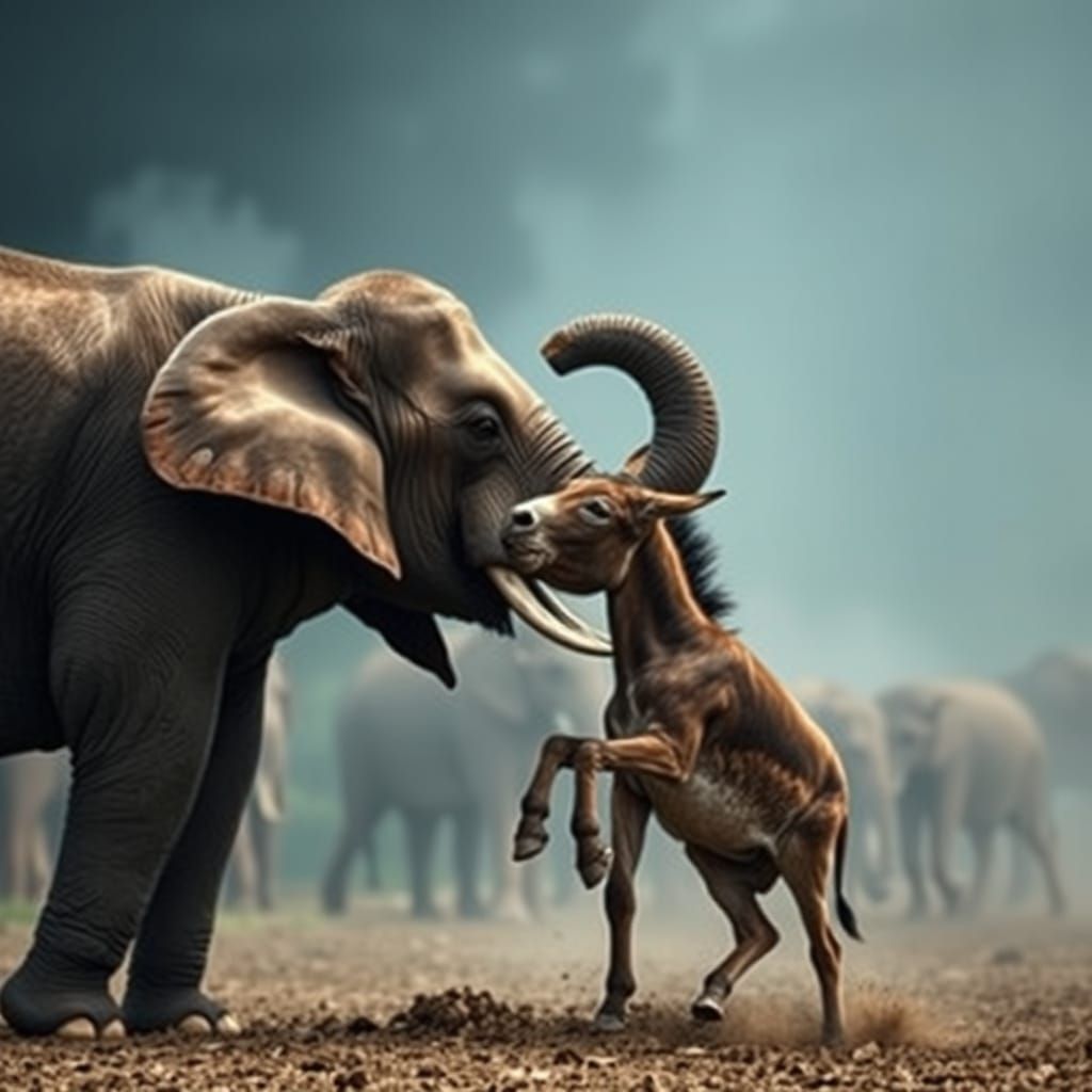 Elegant Donkey and Elephant Engage in Hyperrealistic Grapple