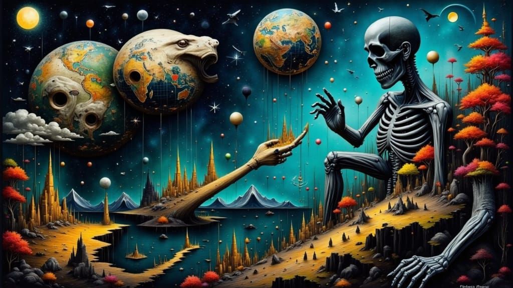 Skeletal Puppeteer Controls World in Surreal Art