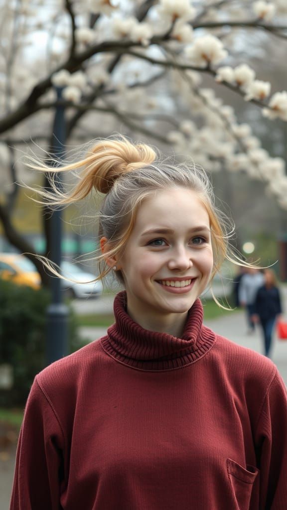 Vibrant Spring Scene with a Happy Blonde Woman in a Park