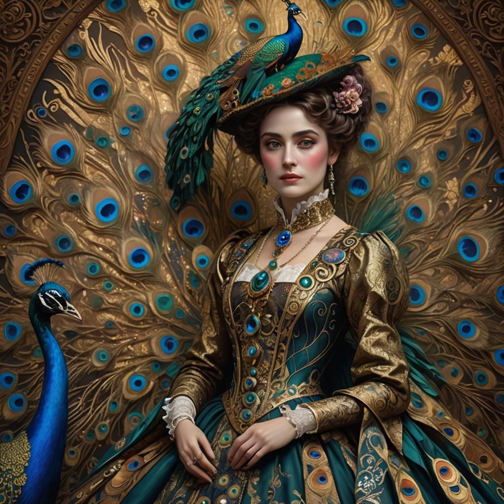 Victorian Woman and Peacock in Klimt Style