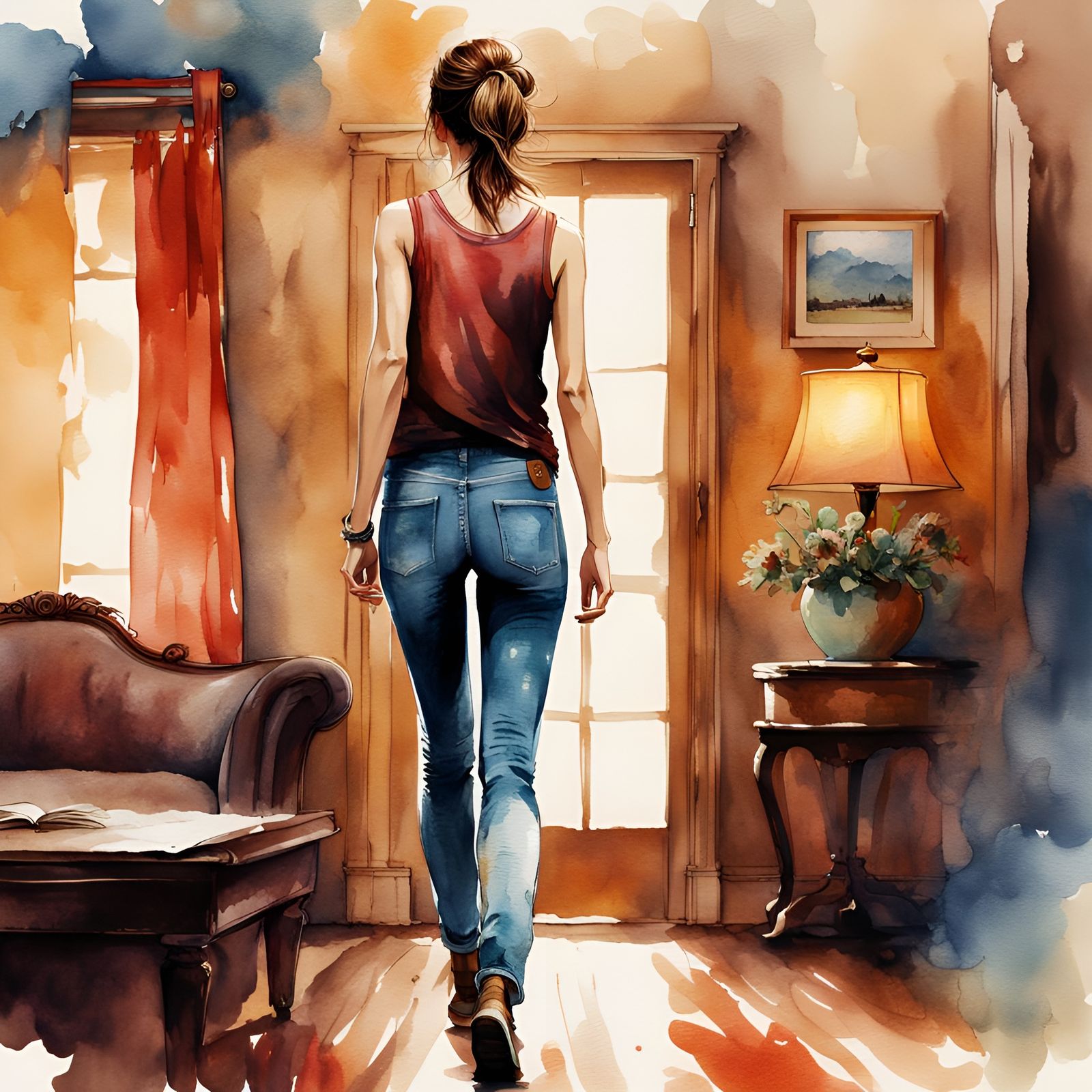 Pretty Woman Walks to New Home: Aetherpunk Watercolor