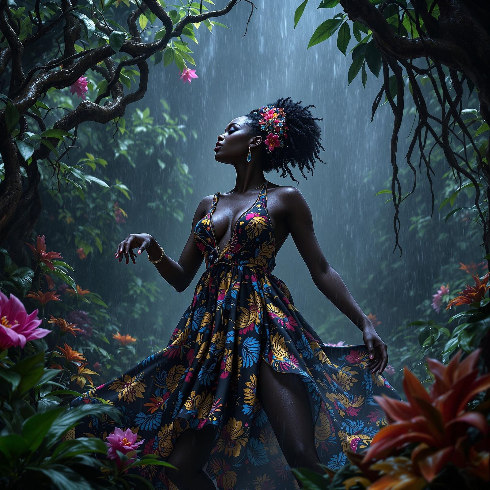 Ebony Goddess Dancing in Tropical Storm
