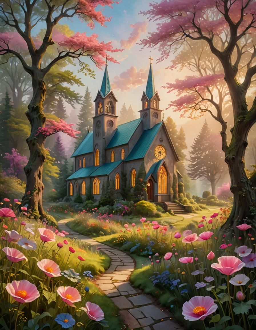 Ethereal Church with Poppy in Fantasy Landscape