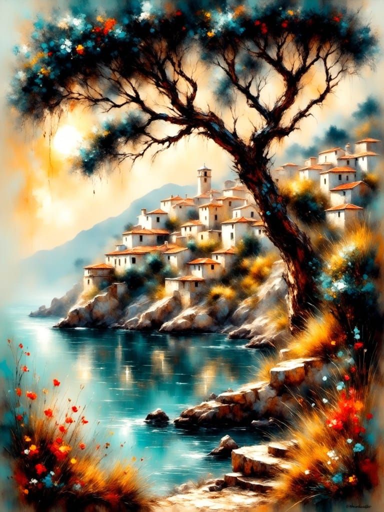 Impasto Coastal Scene with Twisted Tree and Mediterranean Vi...