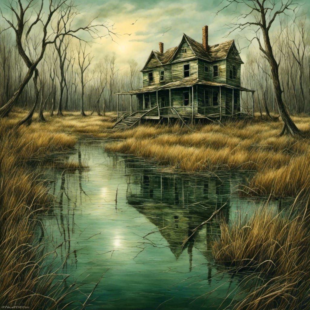 Desolate Swamp Landscape with Abandoned House