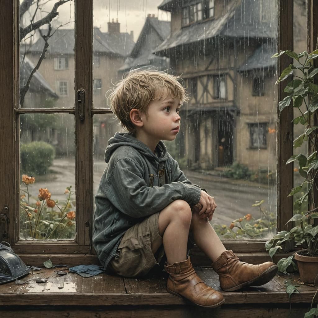 Toddler Watching Rain: Expressive Children's Book Illustrati...