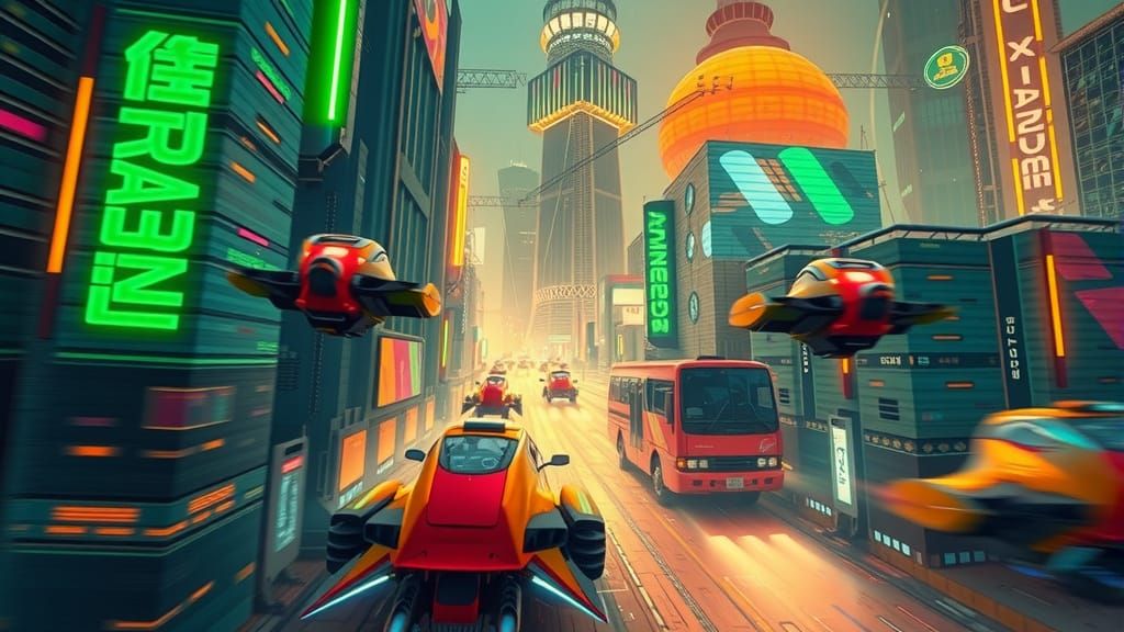 Cyberpunk Cityscape with Neon Lights and Flying Cars