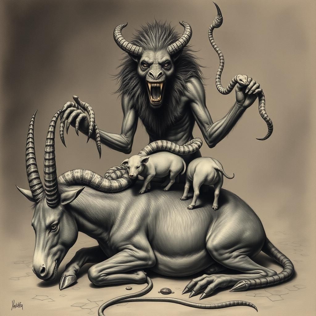 Lamashtu: Mythological Demon in Charcoal Drawing Style