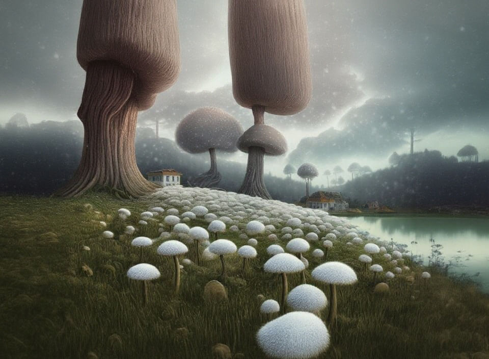 Dandelions in Snowy Village: Colorful Surreal Landscape