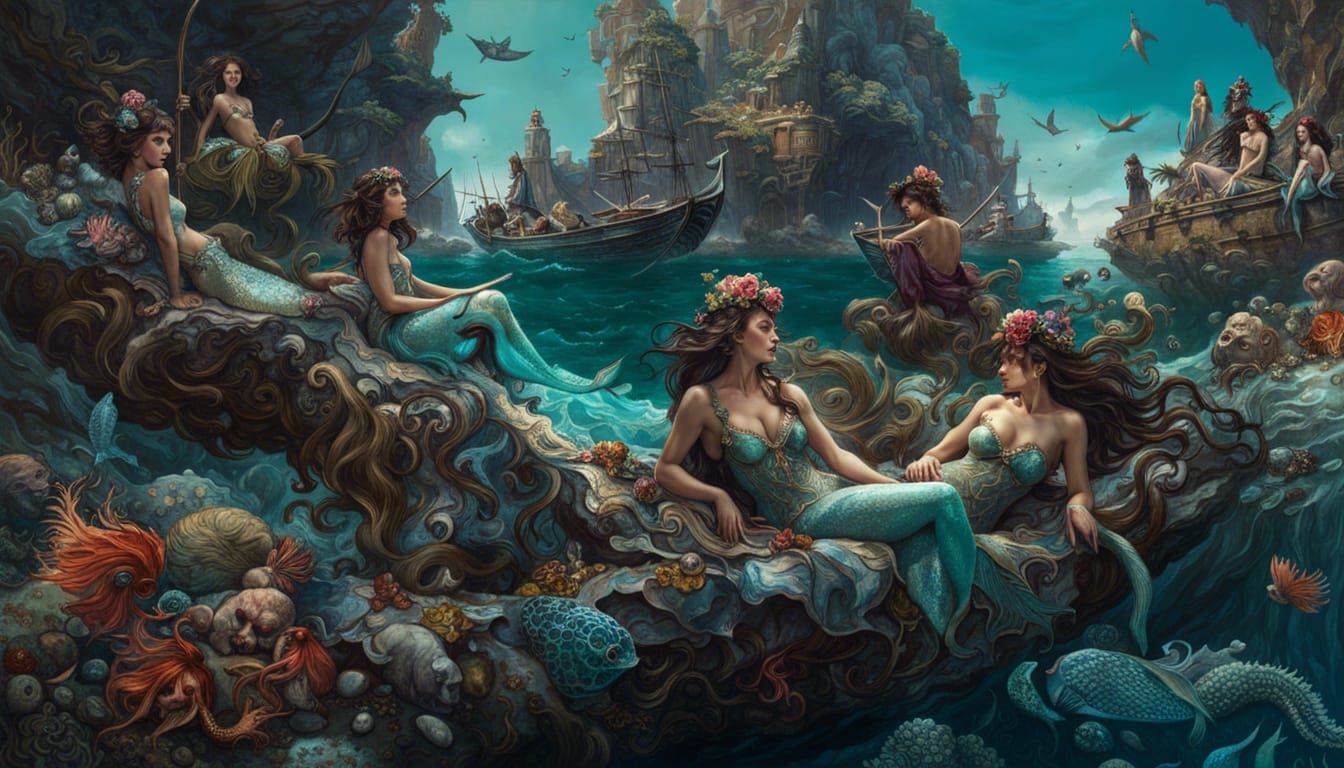 Mermaids Lounging on Rocky Shores, Digital Art