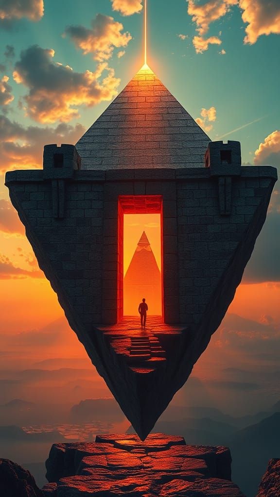Surreal Floating Island Fortress with Pyramids