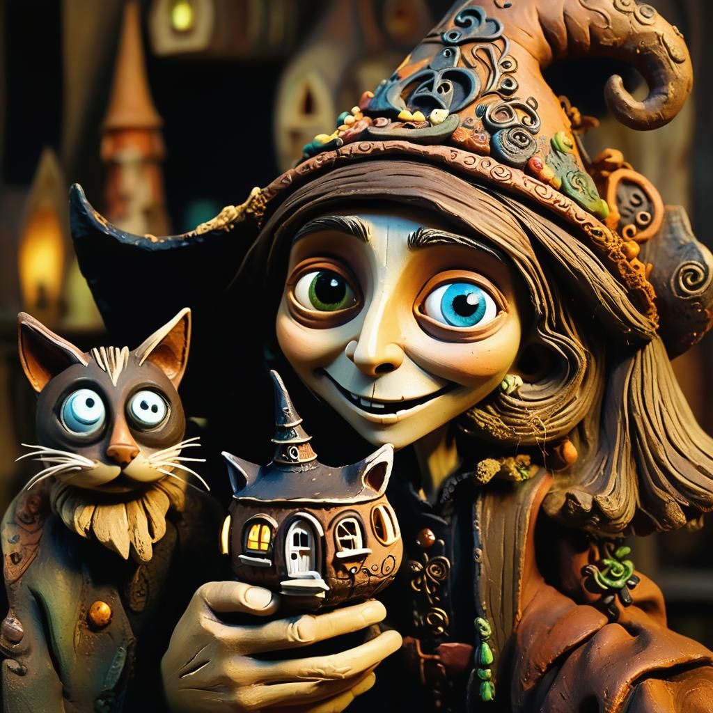 Smiling Witch with Tiny House in Claymation Style