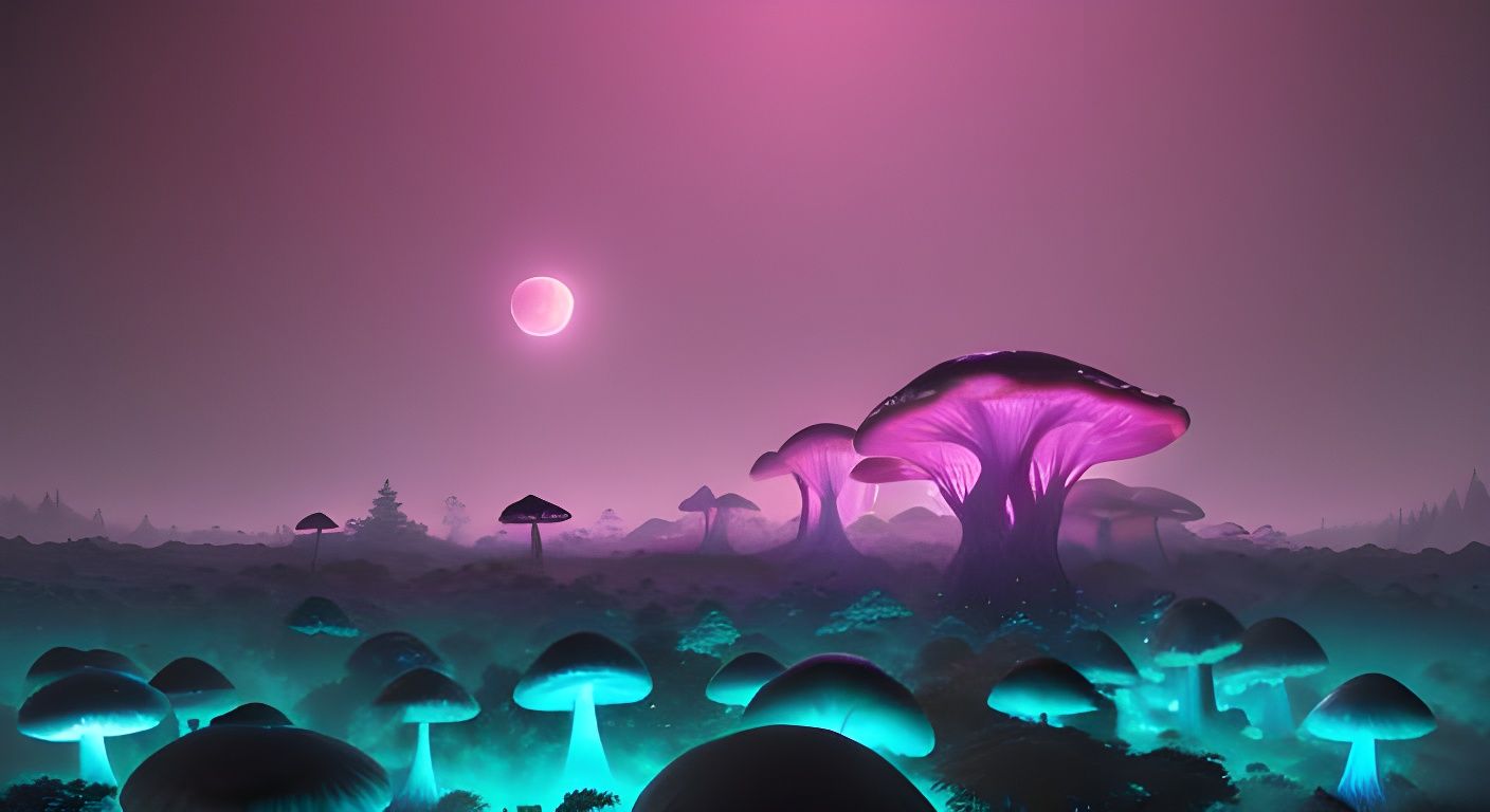 Alien World: Giant Mushrooms in Dark Fantasy Style