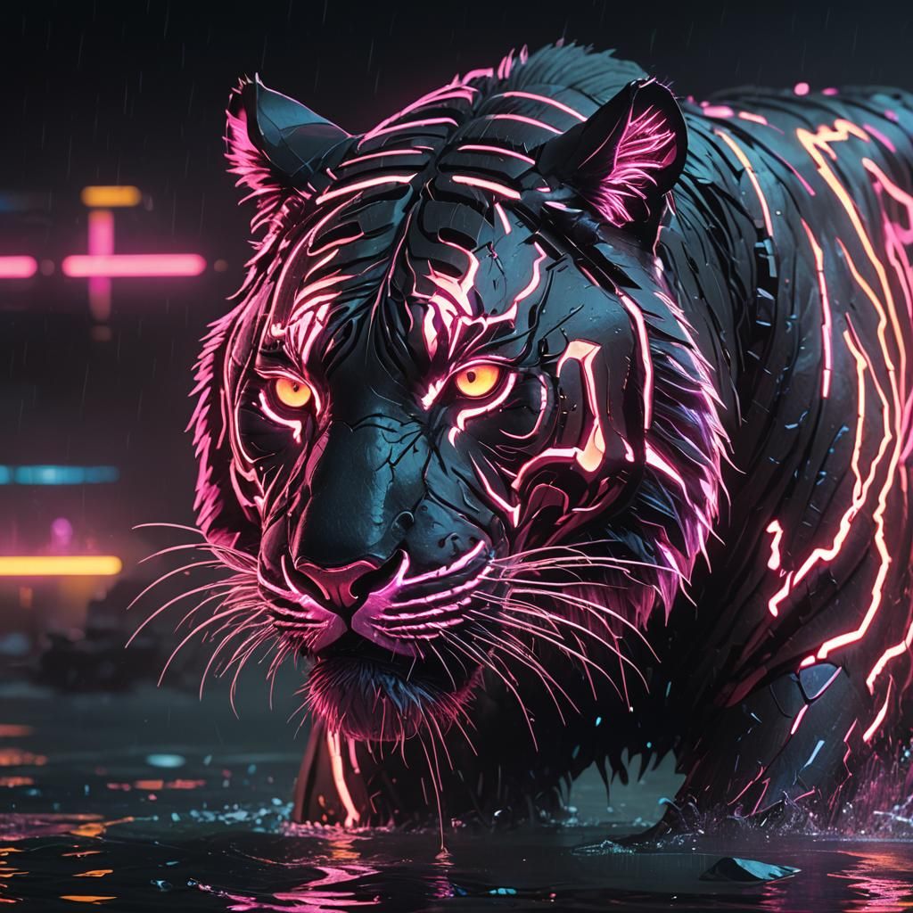 Cyberpunk Light Tiger Lapping from River of Light