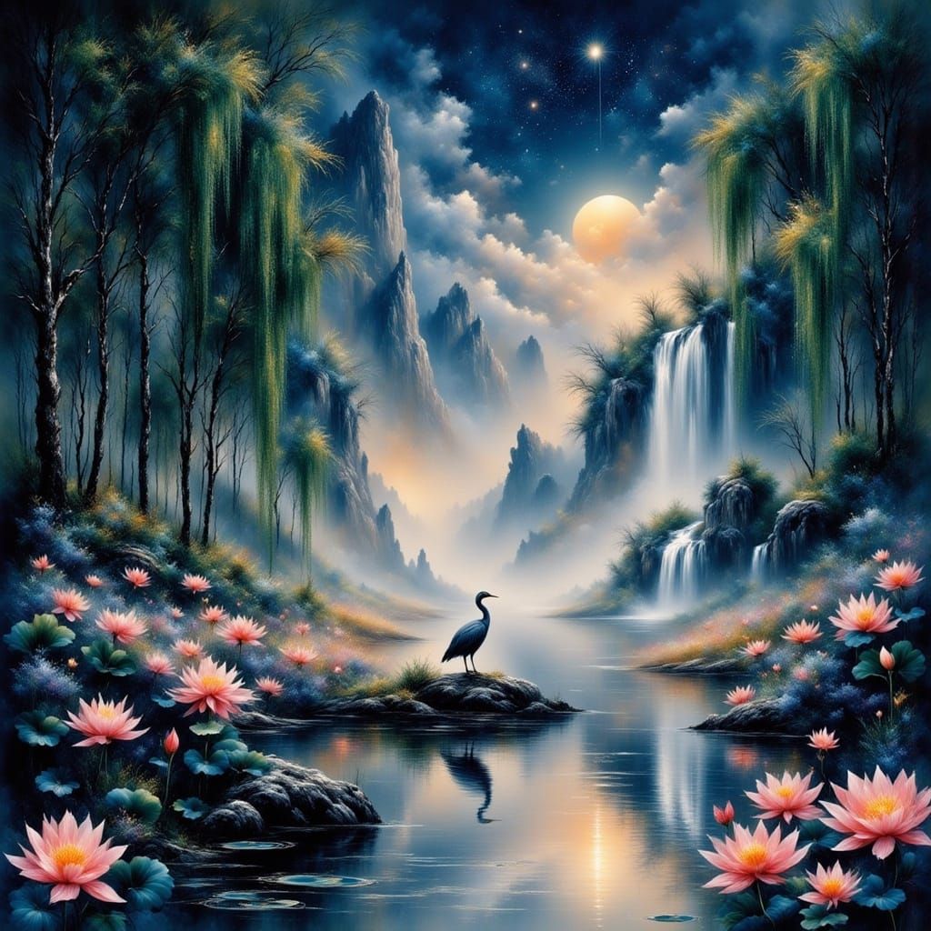 Heron in Misty Lake Under Starry Night Sky