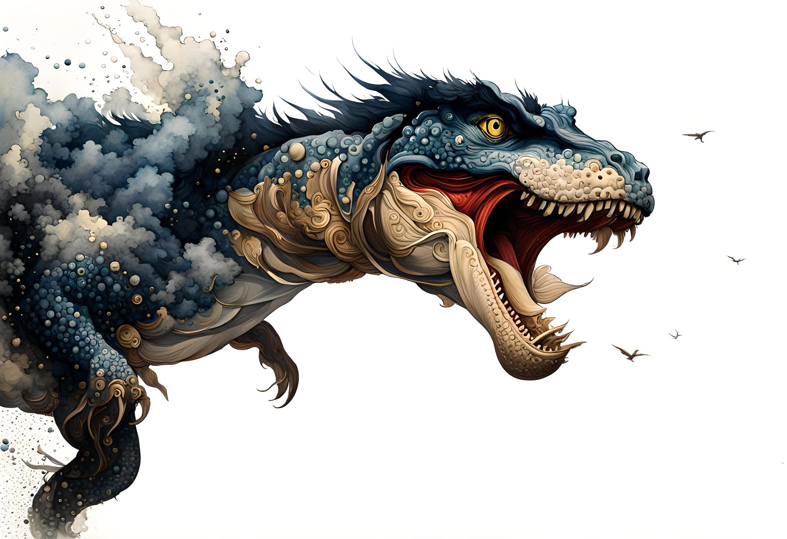 Dinosaur Extinction by Great Wave, Watercolor Concept Art