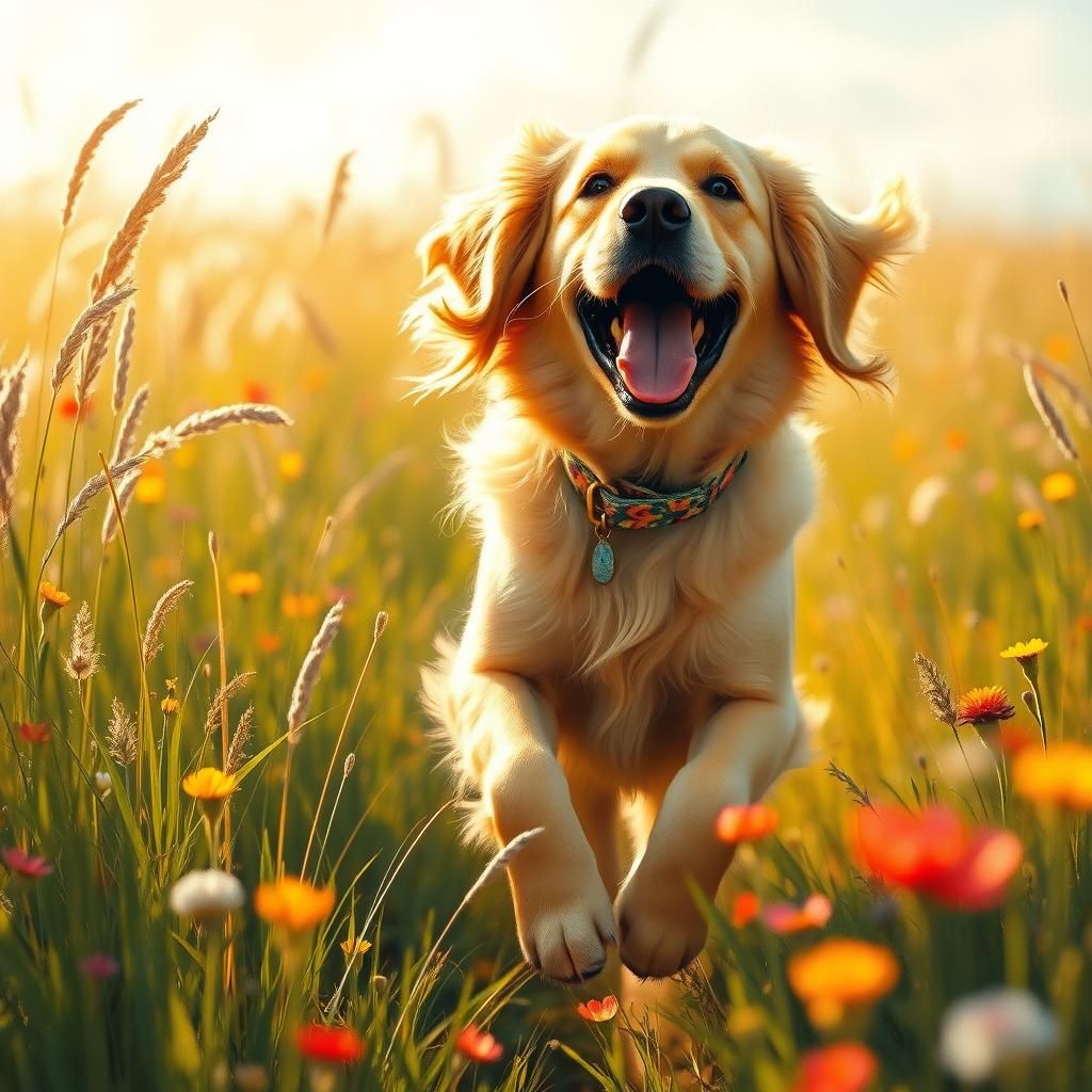 Golden Retriever's Joyful Run in Dreamy Meadow